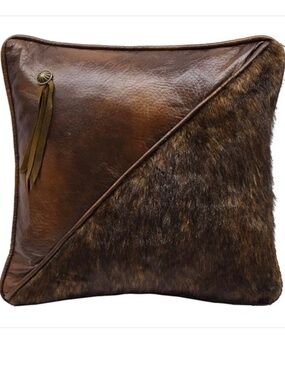 Rustic Lodge Throw Pillow Brown Faux Fur & Leather Western 18”X18” Concho Tassel